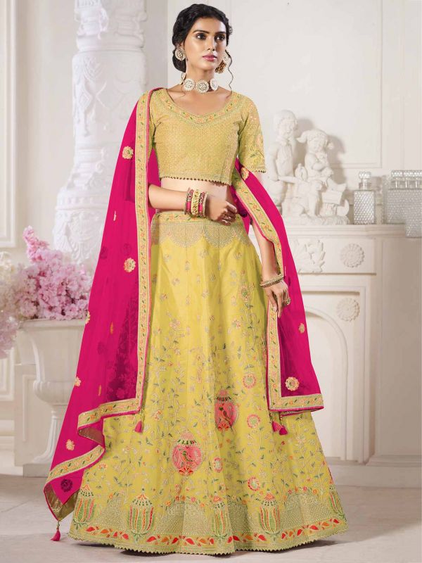 Yellow Colour Silk Fabric Engagement Lehenga Choli.