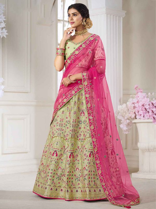 Pista Green Colour Silk Fabric Indian Wedding Lehenga Choli.