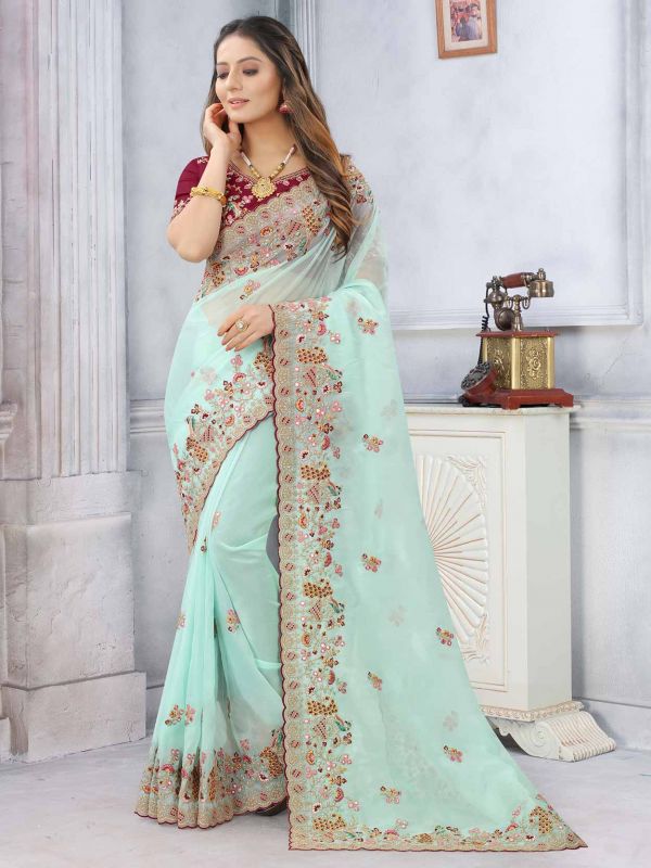 Aqua Blue Colour Organza Fabric Heavy Designer Saree.