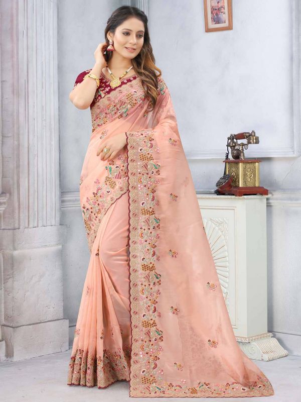 Peach Colour Organza Fabric Indian Wedding Saree.