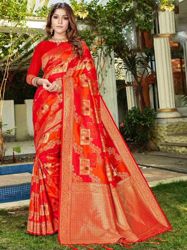Banarasi Silk Fabric Designer Saree Red Colour.