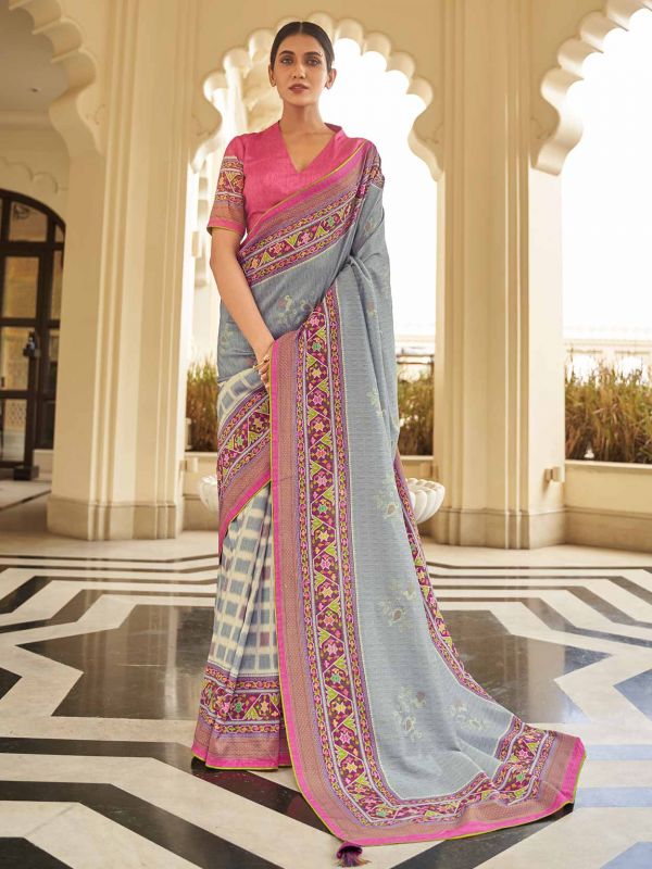 Grey Colour Silk Printed Saree.