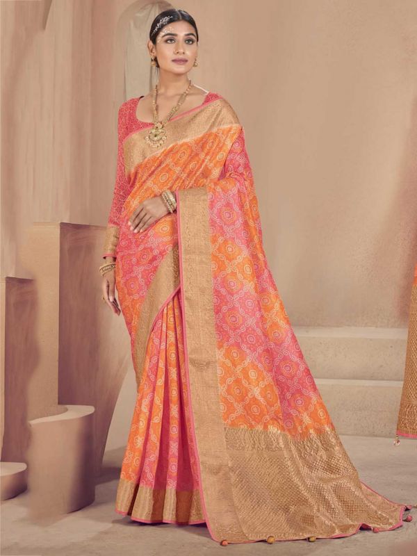 Orange,Pink Colour Raw Silk Fabric Bandhej Saree.