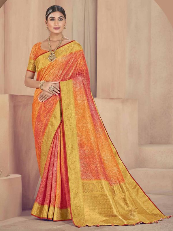 Pink,Yellow Colour Raw Silk Fabric Printed Saree.