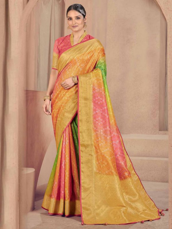 Multi Colour Raw Silk Fabric Traditional Saree.