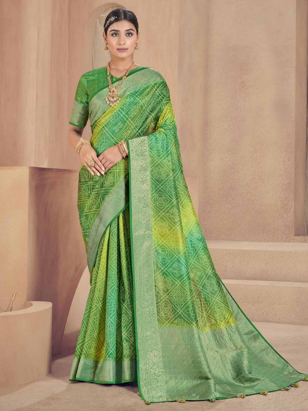 Raw Silk Fabric Bandhani Saree Green Colour.