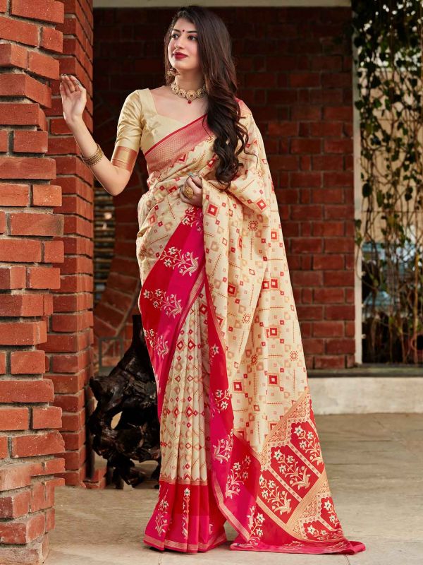 Cream Colour Banarasi Silk Designer Saree.
