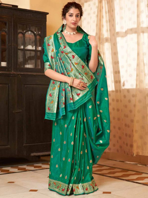 Banarasi Silk Fabric Indian Saree Green Colour.