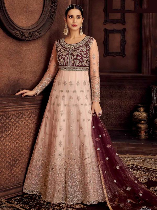 Peach,Wine Colour Net Fabric Anarkali Salwar Suit.