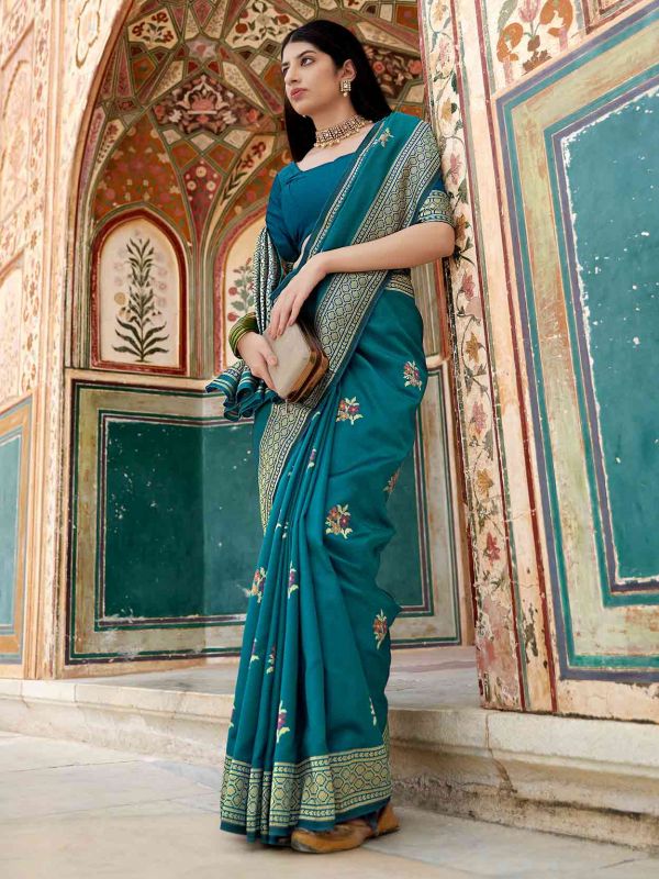 Rama Green Colour Banarasi Silk Fabric Women Saree.