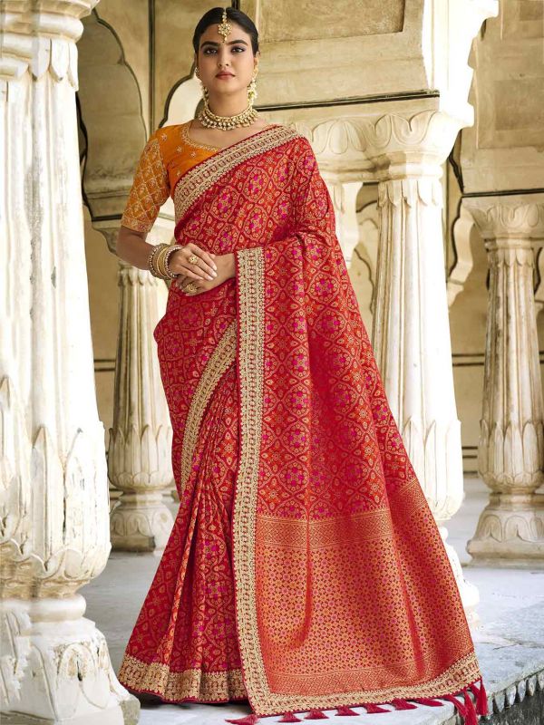Red Colour Raw Silk Fabric Wedding Saree.