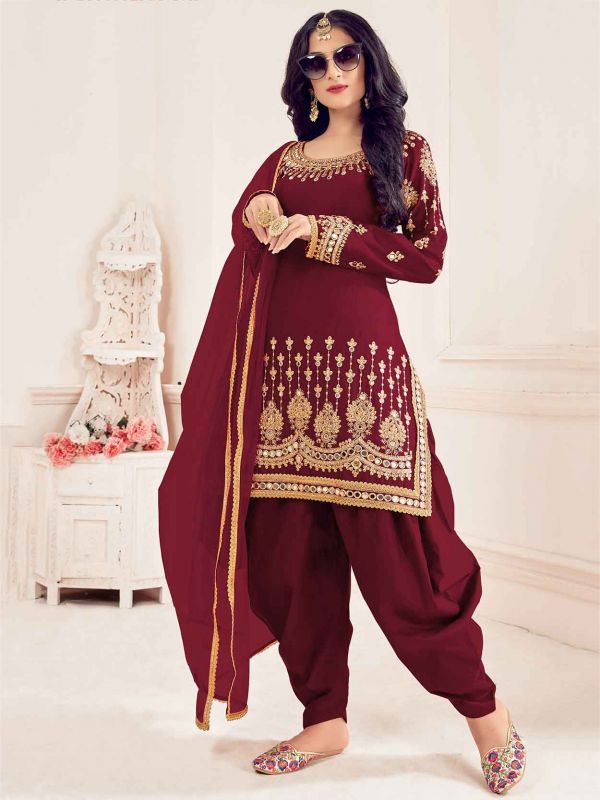 Maroon Colour Silk Fabric Designer Patiala Salwar Kameez.