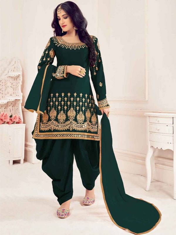 Silk Fabric Patiala Salwar Suit Green Colour.