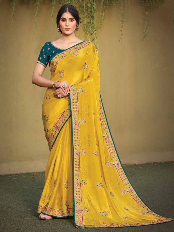 Yellow Colour Silk Fabric Saree in Zari,Embroidery Work.