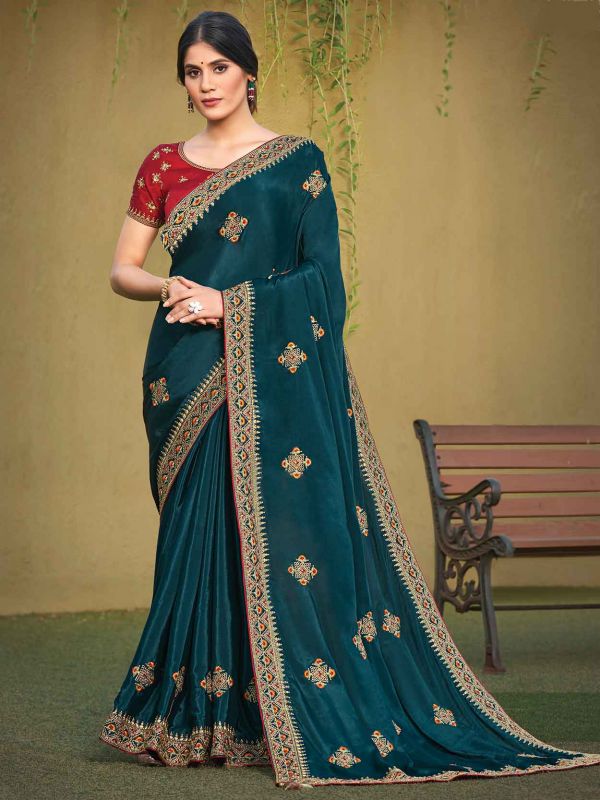 Teal Blue Colour Silk Fabric Designer Saree.