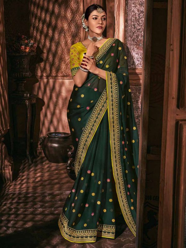 Dark Green Colour Silk Fabric Bollywood Saree.