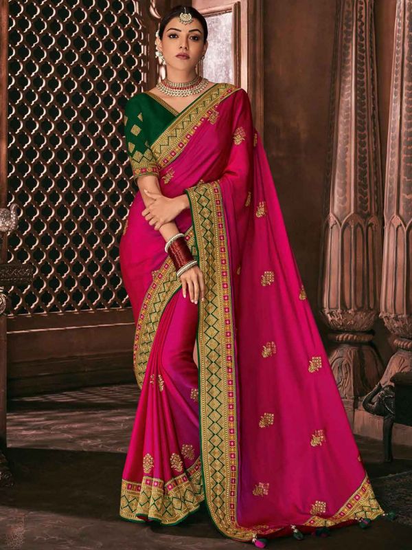 Rani Pink Colour Silk Fabric Wedding Saree.