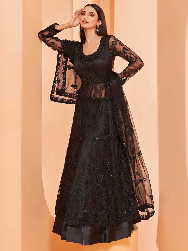 Black Colour Net Fabric Achkan Style Salwar Suit.