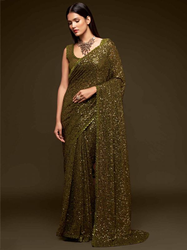 Mehendi Green Colour Georgette Fabric Women Saree.