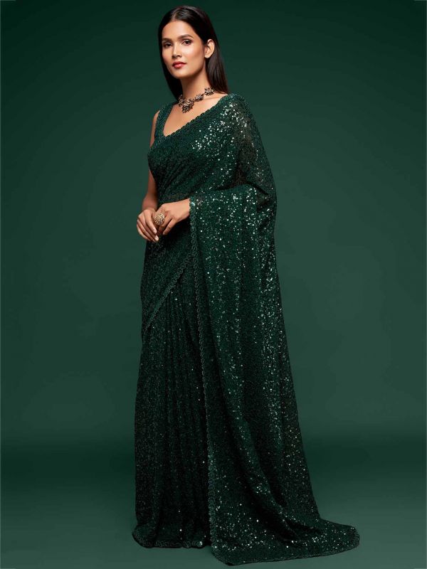 Dark Green Colour Party Wear Saree Georgette Fabric.