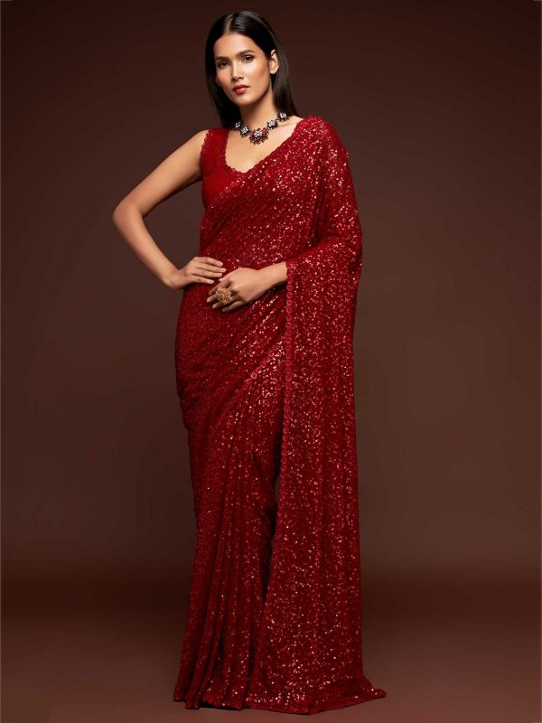 Maroon Colour Georgette Fabric Party Wear Saree.