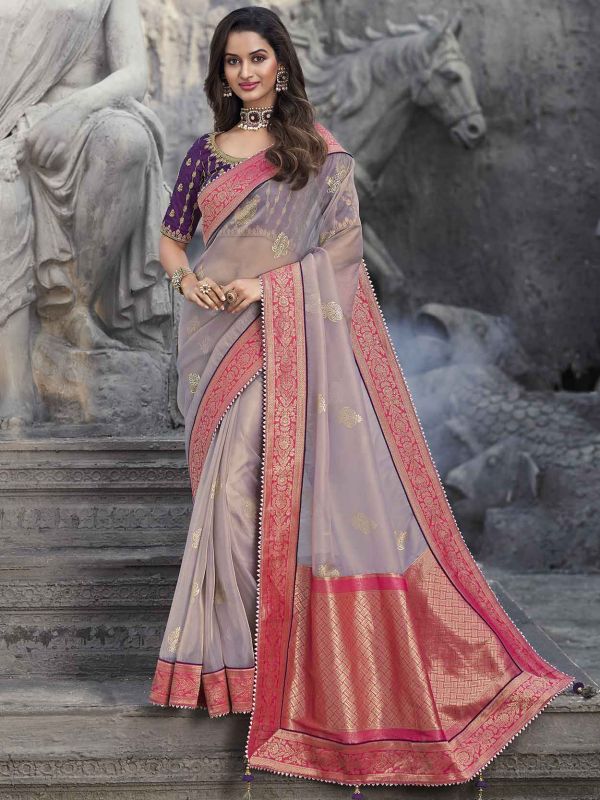 Banarasi Silk Fabric Party Wear Saree Purple Colour.