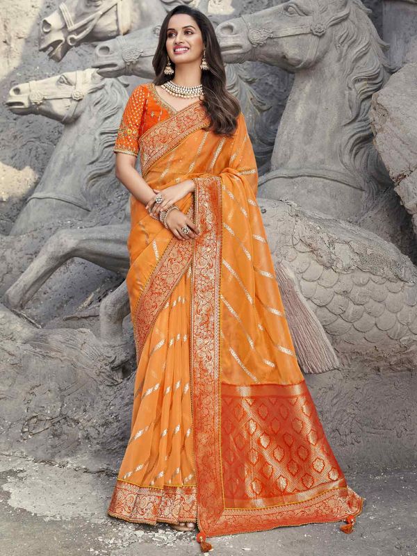Orange Colour Banarasi Silk Fabric Traditional Saree.