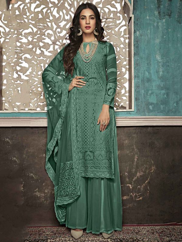 Green Colour Georgette Sharara Salwar Suit.