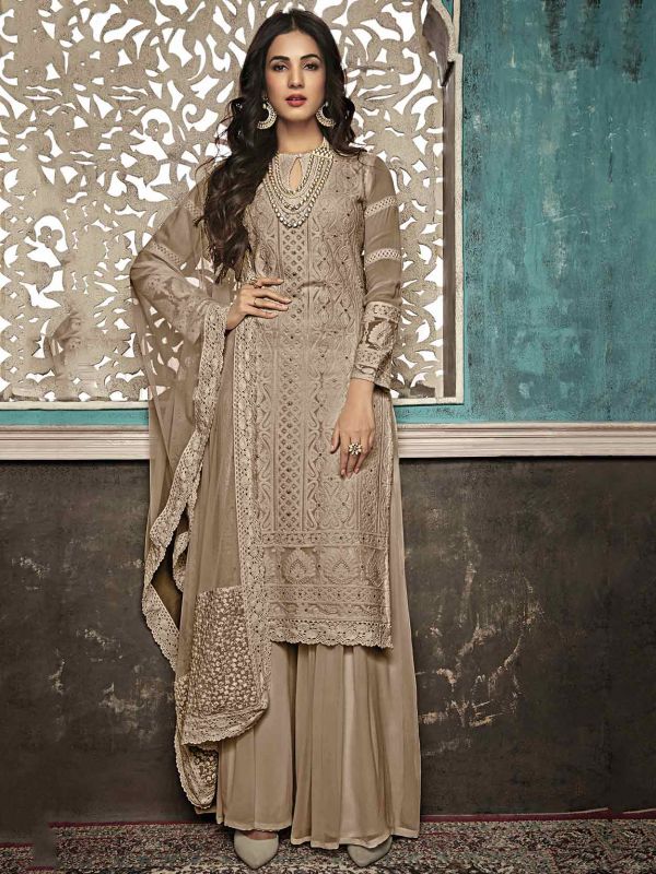 Beige Colour Georgette Fabric Sharara Salwar Suit.