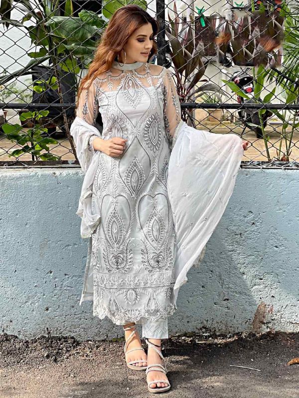 Grey Colour Net Fabric Designer Salwar Suit.