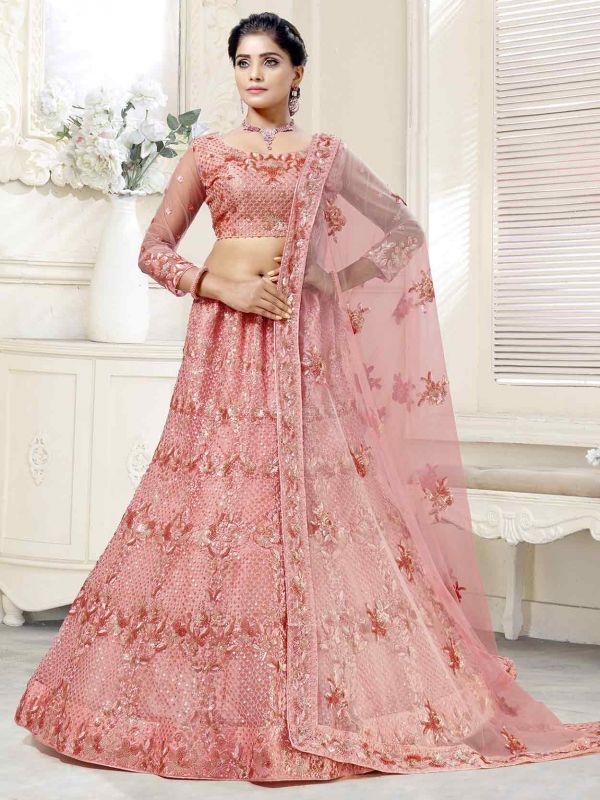 Peach,Pink Colour Womens Lehenga Choli in Net Fabric.