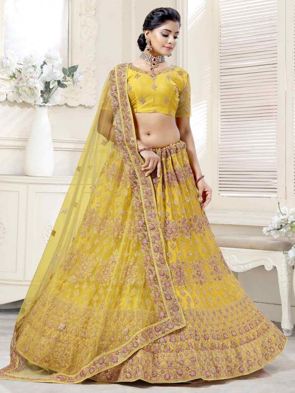 Indian Designer Lehenga Choli Yellow Colour Net Fabric.
