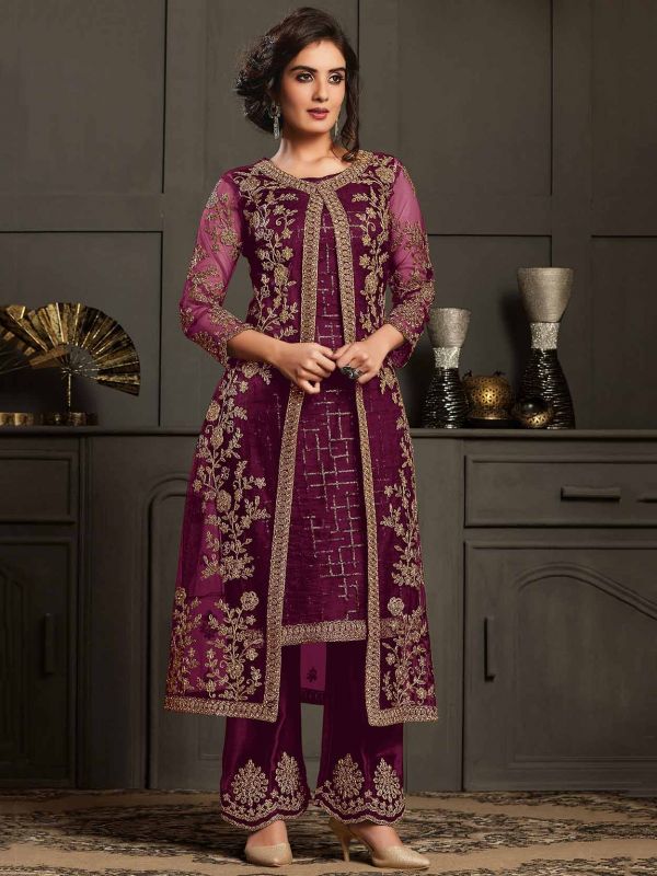 Purple Colour Net Fabric Party Wear Salwar Suit.