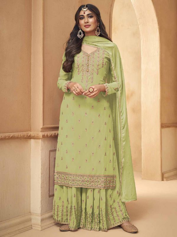 Green Colour Georgette Fabric Sharara Salwar Suit.