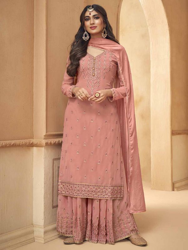 Designer Sharara Salwar Suit Peach Colour in Georgette Fabric.