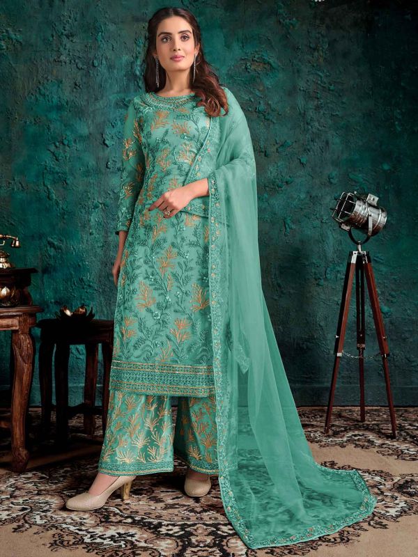 Green Colour Party Wear Salwar Suit Net Fabric.