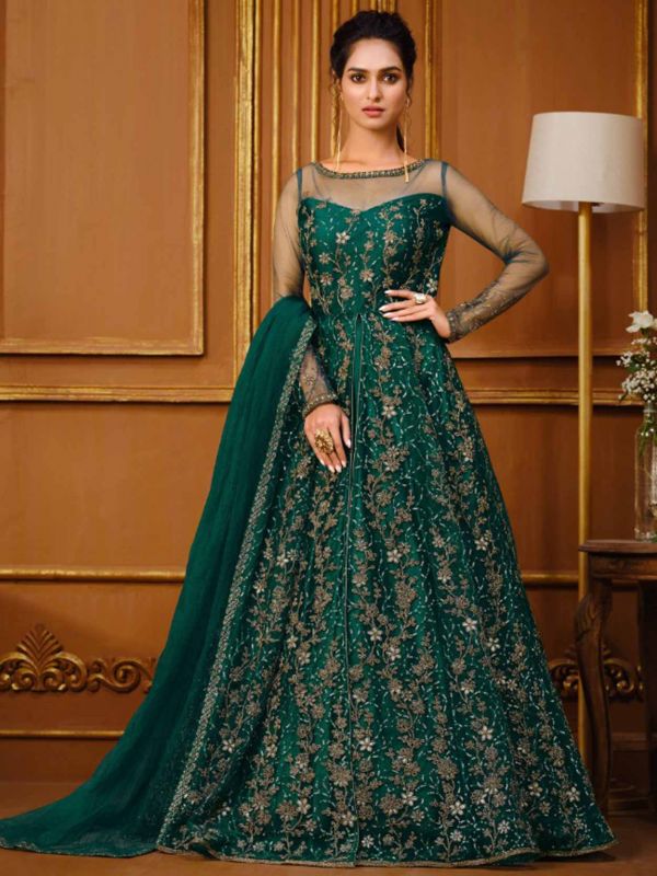 Green Colour Net Fabric Designer Anarkali Salwar Suit.