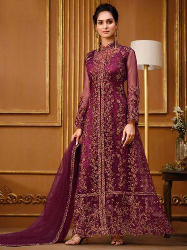 Designer Anarkali Salwar Suit Purple Colour Net Fabric.