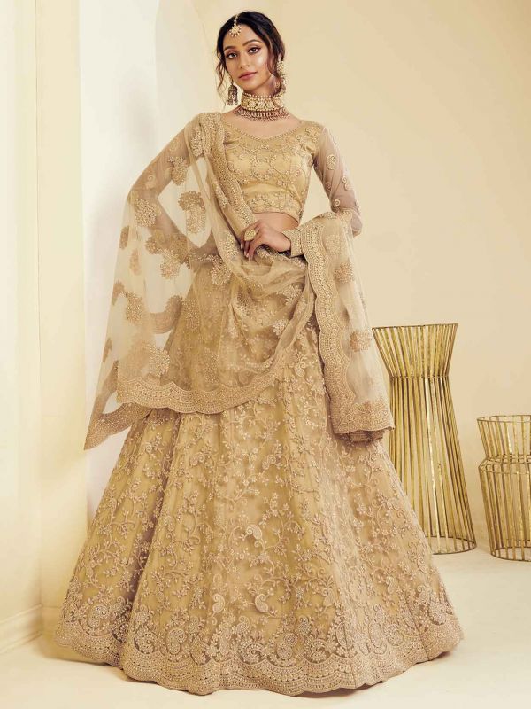 Golden Colour Net Fabric Designer Lehenga Choli.