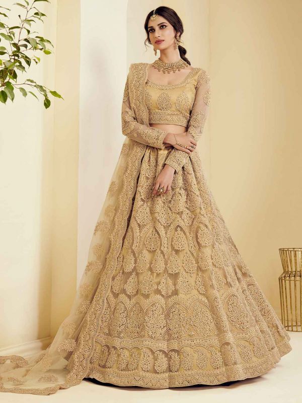 Golden Colour Net Fabric Bridesmaid Lehenga Choli.