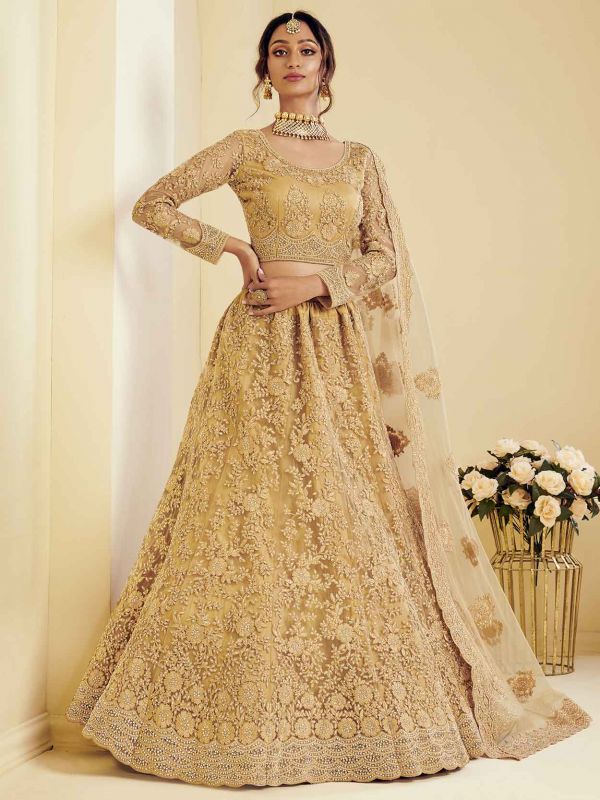 Golden Colour Indian Wedding Lehenga Choli in Net Fabric.