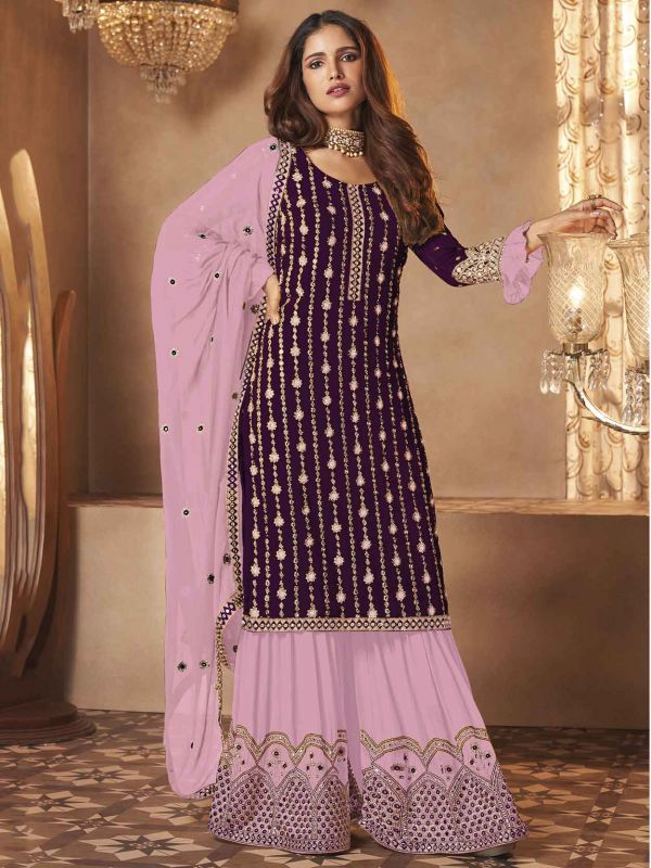 Wine Colour Palazzo Salwar Kameez in Georgette Fabric.