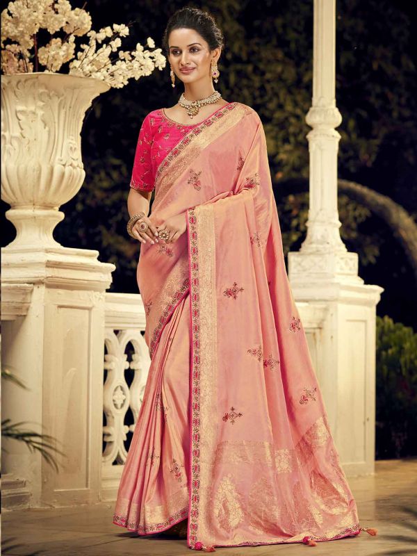 Peach Colour Dola Silk Fabric Indian Designer Saree.