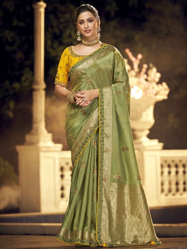 Dola Silk Fabric Indian Designer Saree Green Colour.