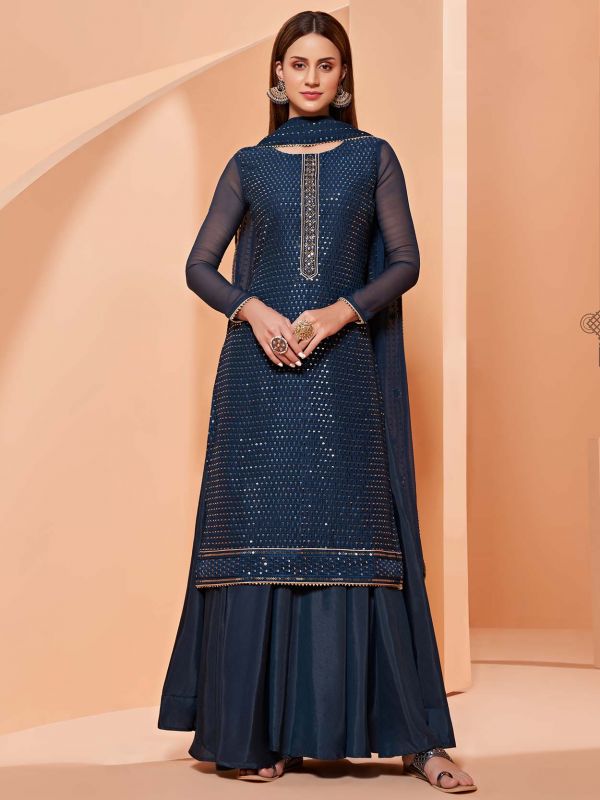 Blue Colour Georgette Fabric Sharara Salwar Suit.