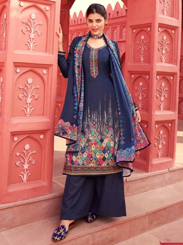 Blue Colour Party Wear Salwar Suit in Crepe Fabric.