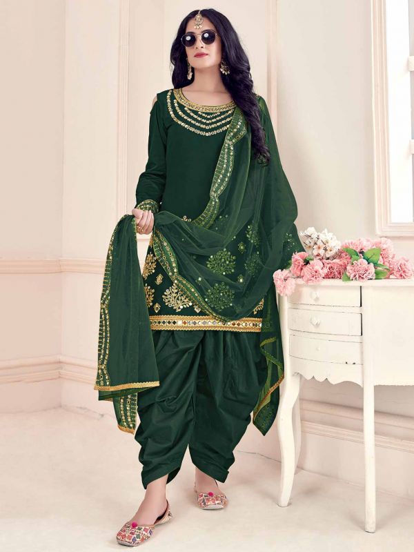 Green Colour Silk Fabric Patiala Salwar Suit.