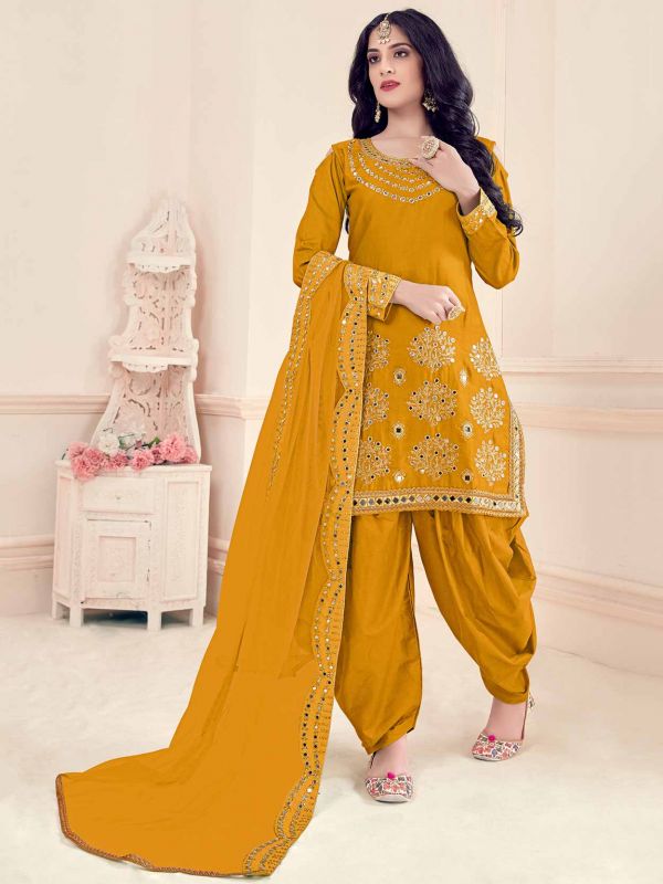 Mustard Yellow Colour Silk Designer Salwar Suit.