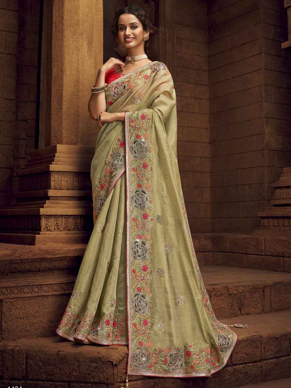 Green Colour Indian Designer Saree in Organza,Net Fabric.