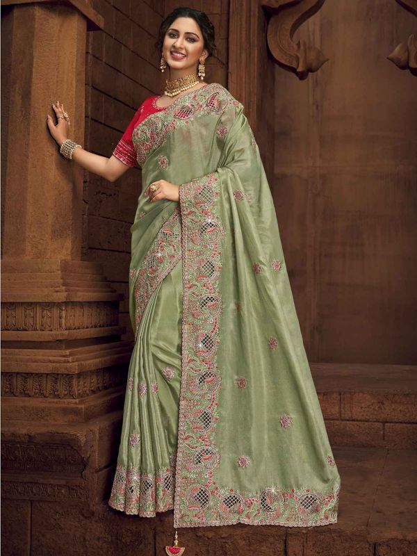 Green Colour Designer Saree in Organza,Net Fabric.